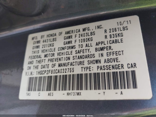 Aukcja sprzedaży 2012 Honda Accord 2.4 Ex-l, vin: 1HGCP2F80CA032755, numer aukcji: 45243694
