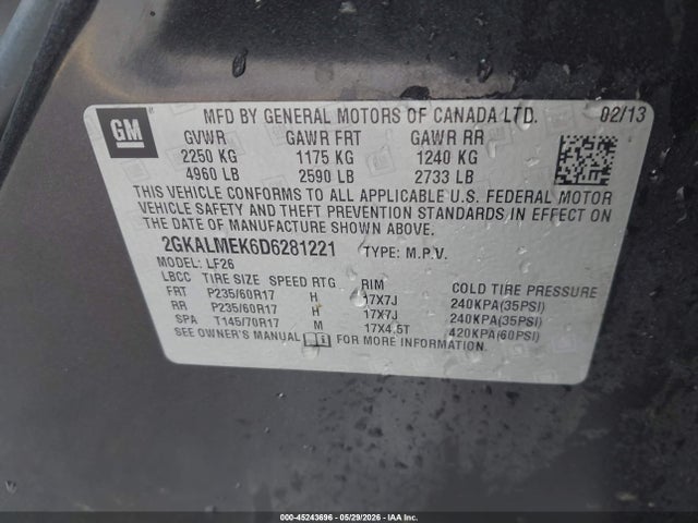 Aukcja sprzedaży 2013 Gmc Terrain Sle-1, vin: 2GKALMEK6D6281221, numer aukcji: 45243696