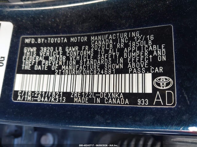 Aukcja sprzedaży 2017 Toyota Corolla Le, vin: 2T1BURHE0HC824681, numer aukcji: 45243717
