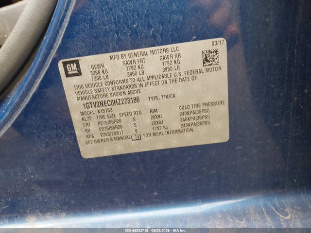 45243719 :رقم المزاد ، 1GTV2NEC0HZ273186 vin ، 2017 Gmc Sierra 1500 Slt مزاد بيع