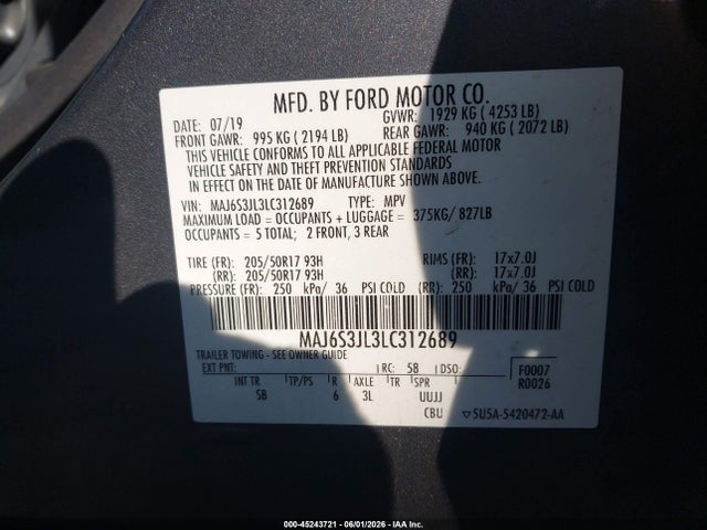 Продажа на аукционе авто 2020 Ford Ecosport Ses, vin: MAJ6S3JL3LC312689, номер лота: 45243721
