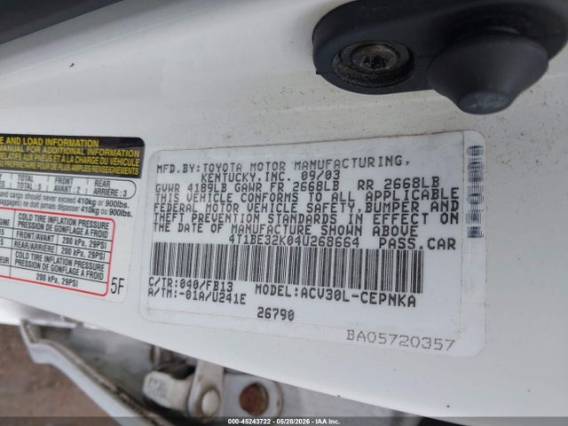 45243722 :رقم المزاد ، 4T1BE32K04U268664 vin ، 2004 Toyota Camry Le مزاد بيع