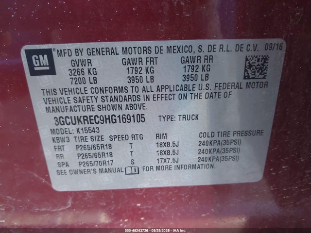 45243726 :رقم المزاد ، 3GCUKREC9HG169105 vin ، 2017 Chevrolet Silverado 1500 2lt مزاد بيع