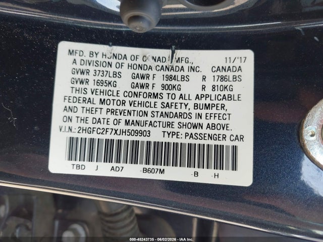 45243735 :رقم المزاد ، 2HGFC2F7XJH509903 vin ، 2018 Honda Civic Ex مزاد بيع
