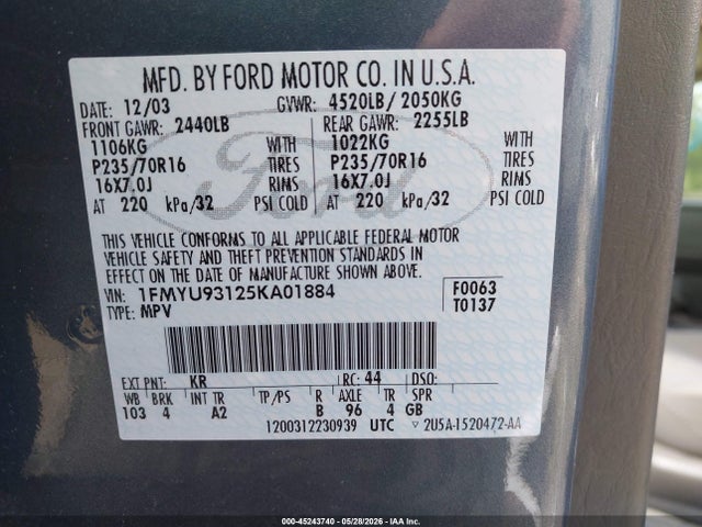 Продаж на аукціоні авто 2005 Ford Escape Xlt, vin: 1FMYU93125KA01884, номер лоту: 45243740