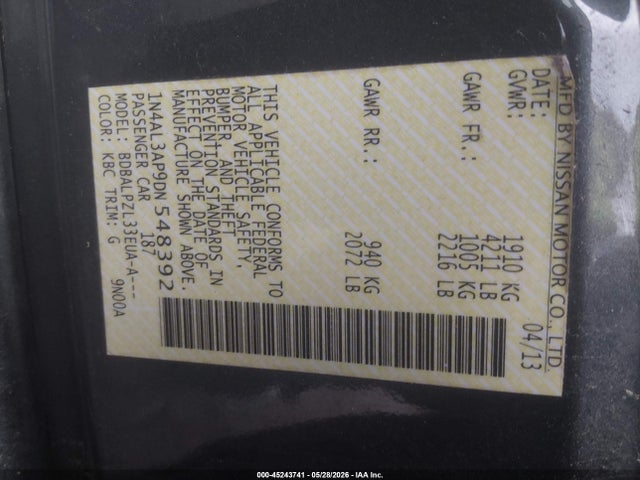 45243741 :رقم المزاد ، 1N4AL3AP9DN548392 vin ، 2013 Nissan Altima 2.5 مزاد بيع