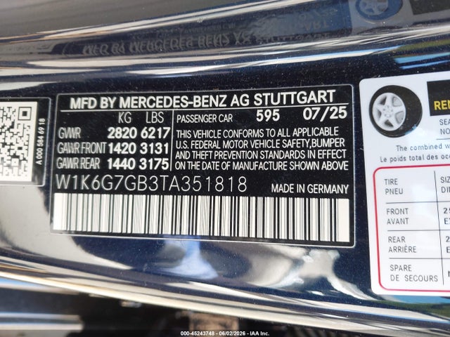 2026 Mercedes-benz S 580 4matic მანქანა იყიდება აუქციონზე, vin: W1K6G7GB3TA351818, აუქციონის ნომერი: 45243748