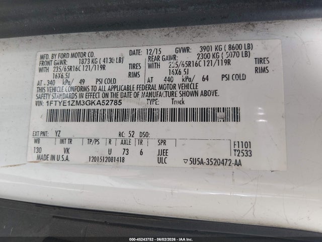 45243752 :رقم المزاد ، 1FTYE1ZM3GKA52785 vin ، 2016 Ford Transit-150 مزاد بيع