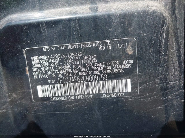 Продаж на аукціоні авто 2012 Subaru Impreza 2.0i Premium, vin: JF1GJAF62CH009758, номер лоту: 45243758