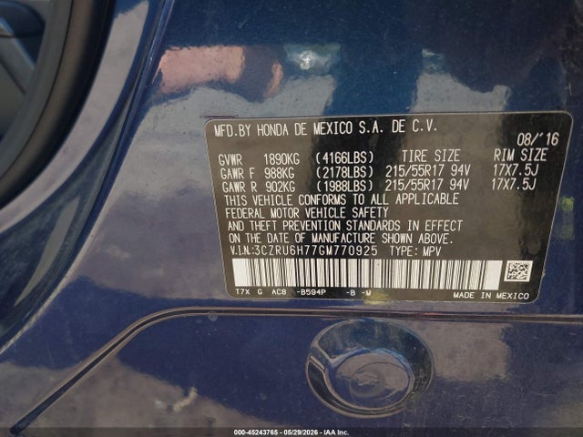 Aukcja sprzedaży 2016 Honda Hr-v Ex-l, vin: 3CZRU6H77GM770925, numer aukcji: 45243765