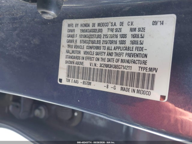 45243774 :رقم المزاد ، 3CZRM3H38EG714211 vin ، 2014 Honda Cr-v Lx مزاد بيع