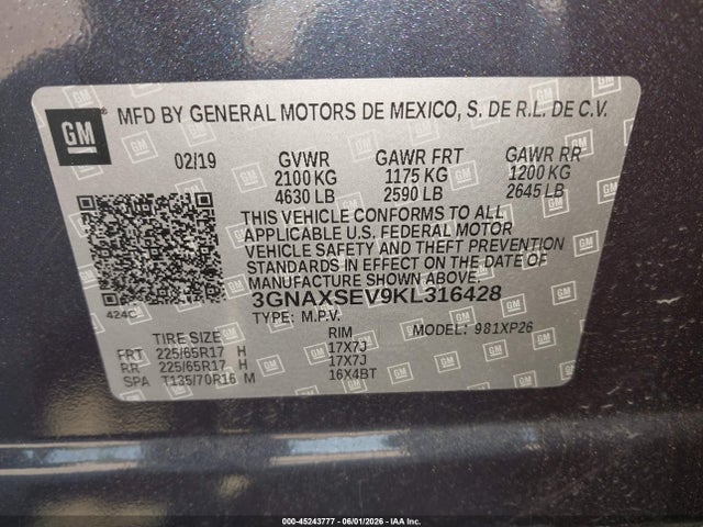 Продаж на аукціоні авто 2019 Chevrolet Equinox Ls, vin: 3GNAXSEV9KL316428, номер лоту: 45243777