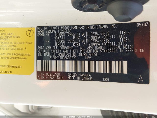 45243801 :رقم المزاد ، 2T2GK31U38C037231 vin ، 2008 Lexus Rx 350 مزاد بيع