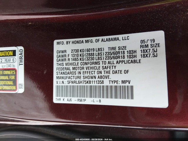 Honda Odyssey Ex-l 2019 5FNRL6H75KB111358 Image 9