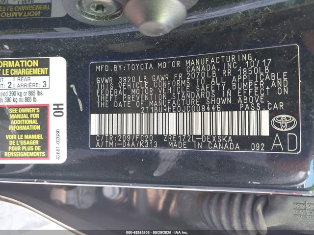 Aukcja sprzedaży 2018 Toyota Corolla Se, vin: 2T1BURHE0JC008446, numer aukcji: 45243808