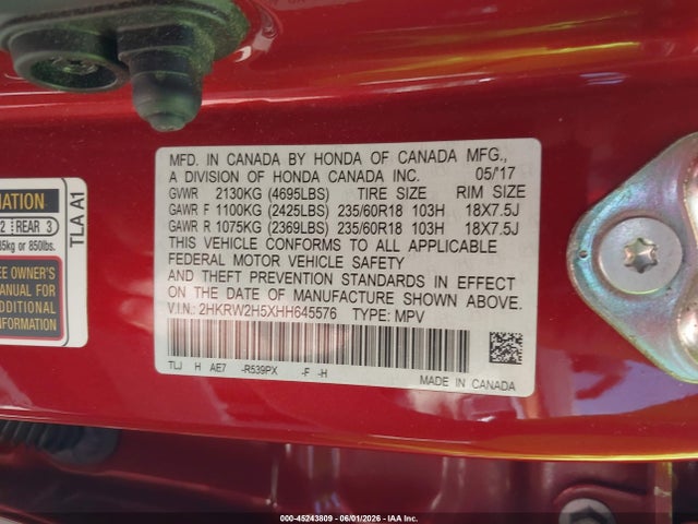 45243809 :رقم المزاد ، 2HKRW2H5XHH645576 vin ، 2017 Honda Cr-v Ex مزاد بيع