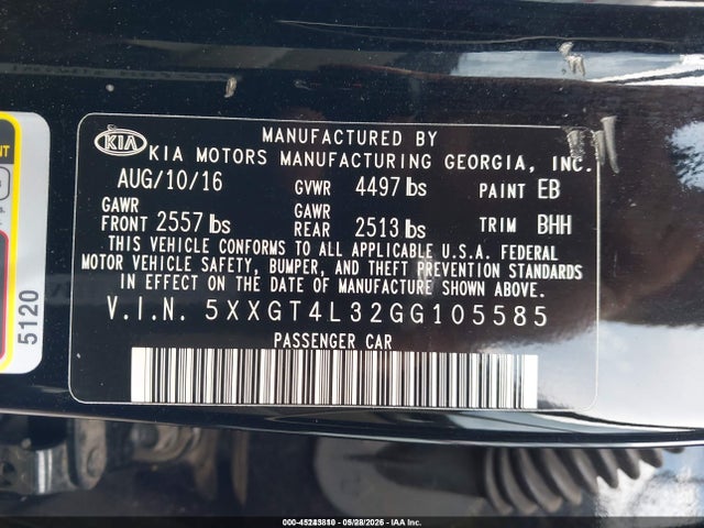 Aukcja sprzedaży 2016 Kia Optima Lx, vin: 5XXGT4L32GG105585, numer aukcji: 45243810