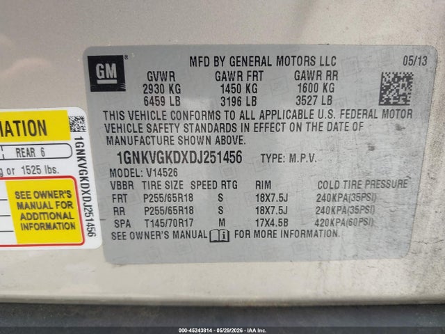 Продажа на аукционе авто 2013 Chevrolet Traverse 1lt, vin: 1GNKVGKDXDJ251456, номер лота: 45243814