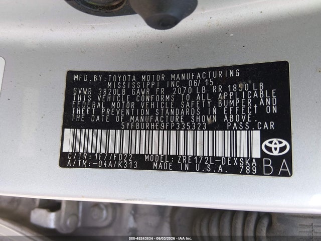 Aukcja sprzedaży 2015 Toyota Corolla S Plus, vin: 5YFBURHE9FP335323, numer aukcji: 45243834