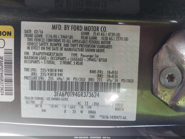 Aukcja sprzedaży 2016 Ford Fusion Se, vin: 3FA6P0T94GR373624, numer aukcji: 45243835