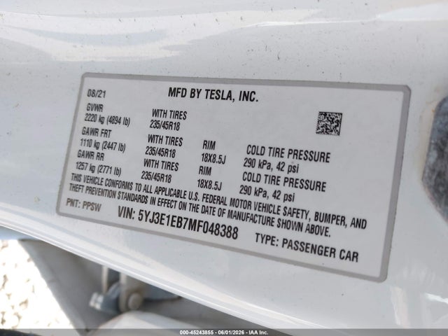 Aukcja sprzedaży 2021 Tesla Model 3 Long Range, vin: 5YJ3E1EB7MF048388, numer aukcji: 45243855