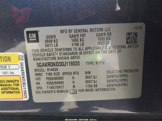 Aukcja sprzedaży 2013 Buick Enclave Premium, vin: 5GAKRDKD3DJ118020, numer aukcji: 45243900