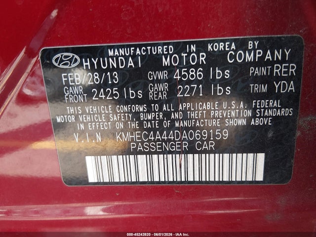 Продажа на аукционе авто 2013 Hyundai Sonata Hybrid, vin: KMHEC4A44DA069159, номер лота: 45243920