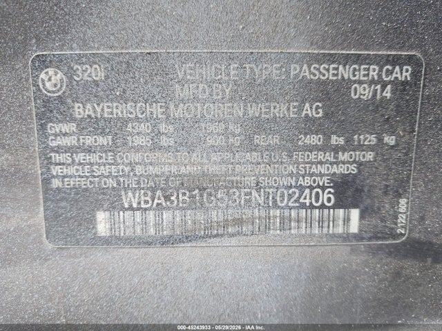 2015 Bmw 320i მანქანა იყიდება აუქციონზე, vin: WBA3B1G53FNT02406, აუქციონის ნომერი: 45243933
