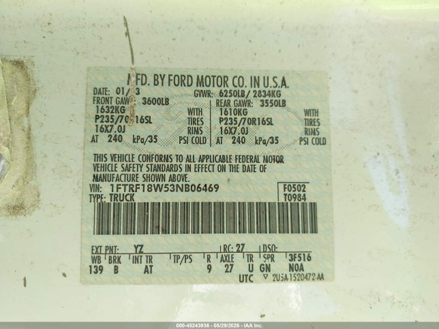 Aukcja sprzedaży 2003 Ford F-150 Xl/xlt, vin: 1FTRF18W53NB06469, numer aukcji: 45243936