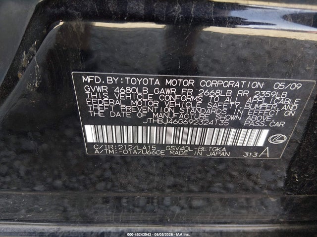 Продаж на аукціоні авто 2009 Lexus Es 350, vin: JTHBJ46G692324135, номер лоту: 45243943