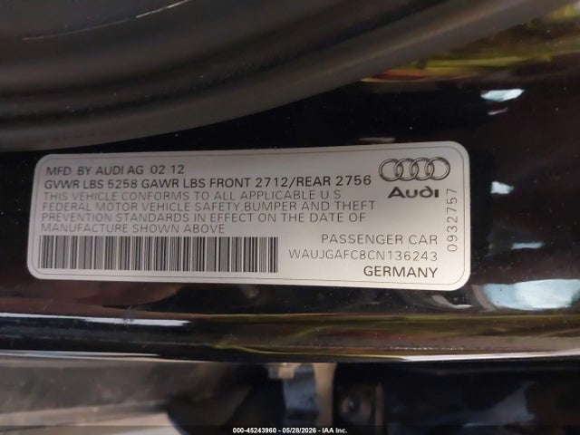 45243960 :رقم المزاد ، WAUJGAFC8CN136243 vin ، 2012 Audi A6 3.0 Premium مزاد بيع