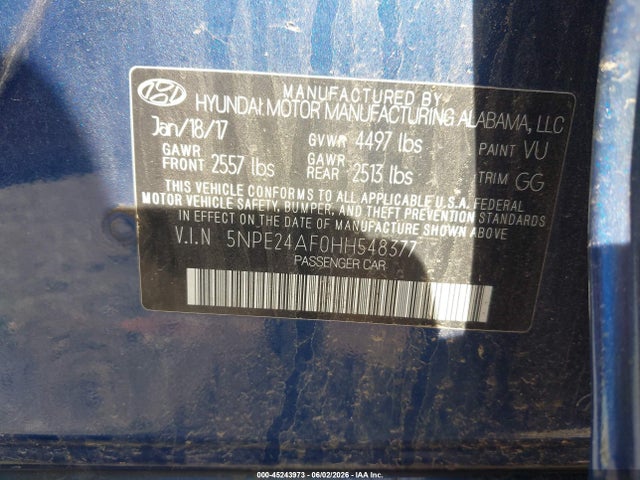 2017 Hyundai Sonata მანქანა იყიდება აუქციონზე, vin: 5NPE24AF0HH548377, აუქციონის ნომერი: 45243973