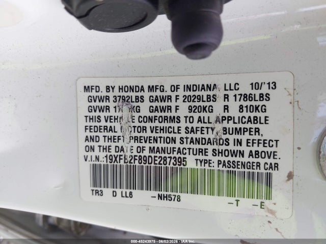 2013 Honda Civic Ex მანქანა იყიდება აუქციონზე, vin: 19XFB2F89DE287395, აუქციონის ნომერი: 45243975