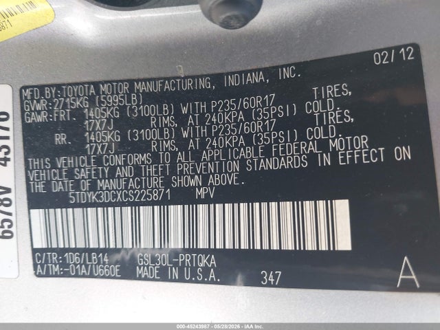 2012 Toyota Sienna Xle V6 8 Passenger მანქანა იყიდება აუქციონზე, vin: 5TDYK3DCXCS225871, აუქციონის ნომერი: 45243987