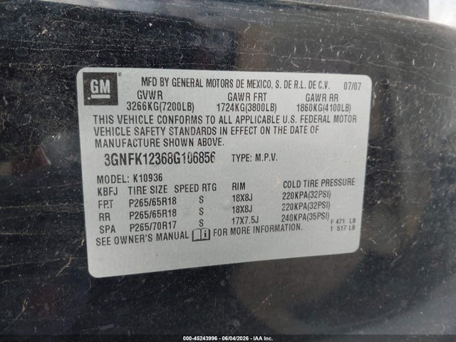 Aukcja sprzedaży 2008 Chevrolet Avalanche 1500 Lt, vin: 3GNFK12368G106856, numer aukcji: 45243996