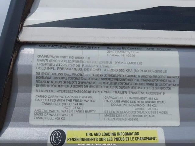 Продаж на аукціоні авто 2019 Keystone Rv Other, vin: 4YDT28227K3103046, номер лоту: 45244011
