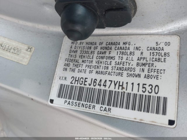 Aukcja sprzedaży 2000 Honda Civic Dx, vin: 2HGEJ6447YH111530, numer aukcji: 45244025