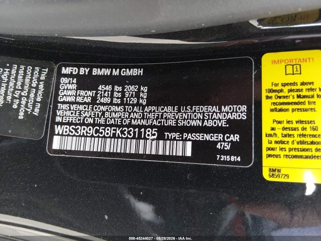 2015 Bmw M4 მანქანა იყიდება აუქციონზე, vin: WBS3R9C58FK331185, აუქციონის ნომერი: 45244027