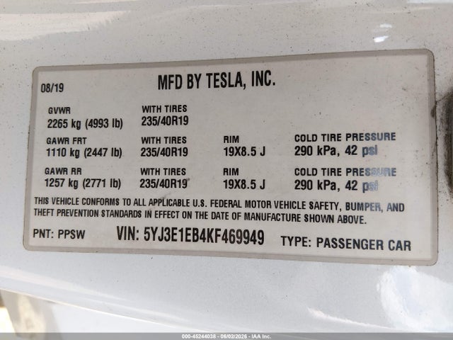 5YJ3E1EB4KF469949 Tesla Model 3 Long Range/performance