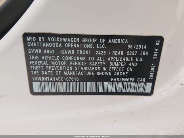 Продаж на аукціоні авто 2014 Volkswagen Passat 2.0l Tdi Se, vin: 1VWBN7A34EC107616, номер лоту: 45244039