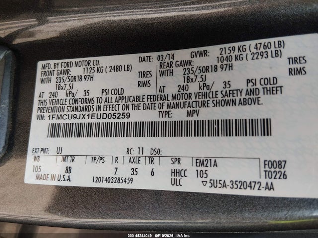 Продаж на аукціоні авто 2014 Ford Escape Titanium, vin: 1FMCU9JX1EUD05259, номер лоту: 45244049