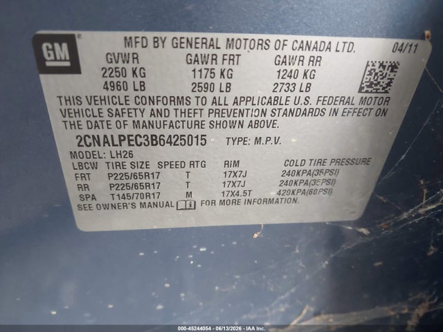 2011 Chevrolet Equinox 2lt მანქანა იყიდება აუქციონზე, vin: 2CNALPEC3B6425015, აუქციონის ნომერი: 45244054