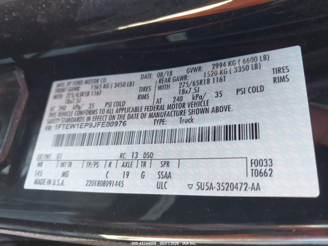 Aukcja sprzedaży 2018 Ford F-150 Xlt, vin: 1FTEW1EP9JFE00976, numer aukcji: 45244059