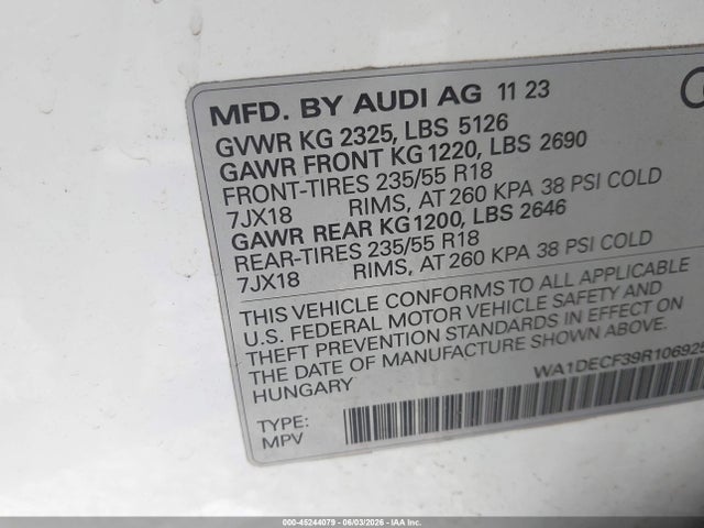 Aukcja sprzedaży 2024 Audi Q3 Premium 45 Tfsi S Line Quattro Tiptronic, vin: WA1DECF39R1069258, numer aukcji: 45244079