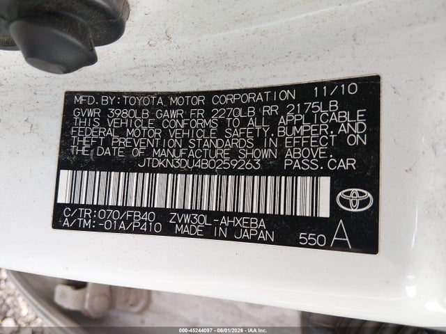Aukcja sprzedaży 2011 Toyota Prius Two, vin: JTDKN3DU4B0259263, numer aukcji: 45244097