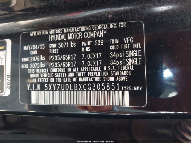 45244098 :رقم المزاد ، 5XYZUDLBXGG305851 vin ، 2016 Hyundai Santa Fe Sport 2.4l مزاد بيع