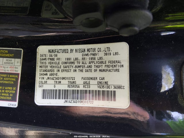 Aukcja sprzedaży 2006 Nissan 350z Enthusiast, vin: JN1AZ34D16M310722, numer aukcji: 45244099