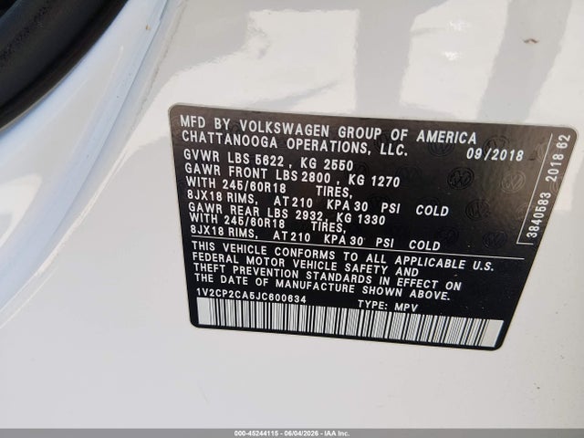 Aukcja sprzedaży 2018 Volkswagen Atlas 2.0t Se, vin: 1V2CP2CA5JC600634, numer aukcji: 45244115