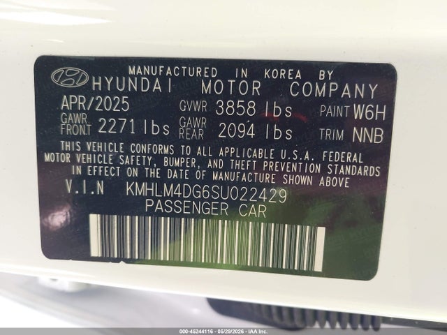 45244116 :رقم المزاد ، KMHLM4DG6SU022429 vin ، 2025 Hyundai Elantra Sel Sport مزاد بيع