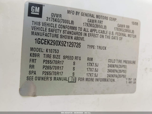 45244125 :رقم المزاد ، 1GCEK290X9Z129726 vin ، 2009 Chevrolet Silverado 1500 Lt مزاد بيع